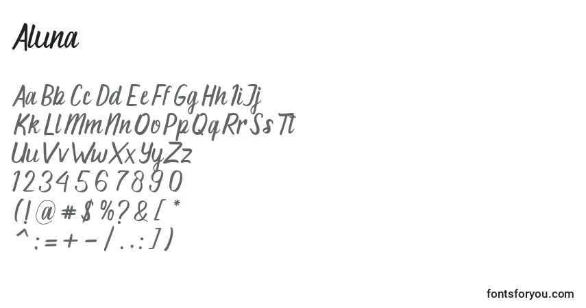 Czcionka Aluna – alfabet, cyfry, specjalne znaki