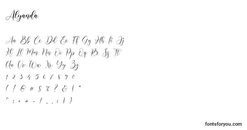 Czcionka Alyanda – alfabet, cyfry, specjalne znaki