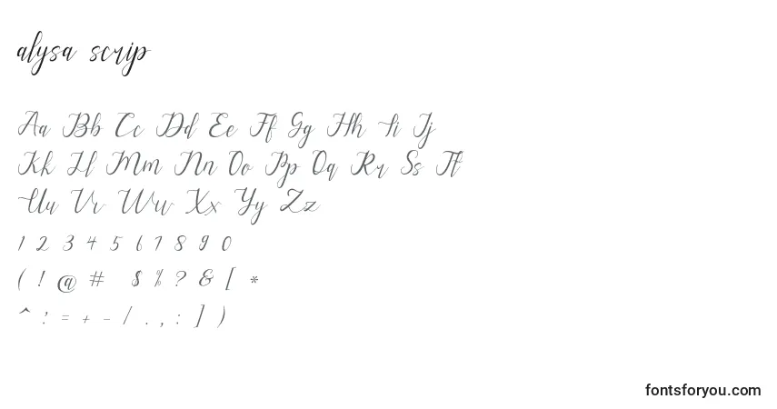 Schriftart Alysa scrip – Alphabet, Zahlen, spezielle Symbole