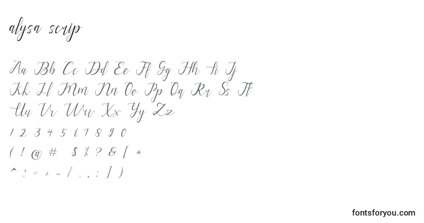 Alysa scrip (119298)-fontti – aakkoset, numerot, erikoismerkit