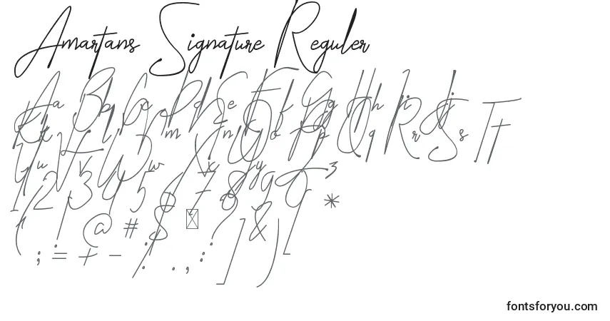Czcionka Amartans Signature Reguler – alfabet, cyfry, specjalne znaki