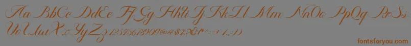 フォントAmbergris Script Free Personal – 茶色の文字が灰色の背景にあります。