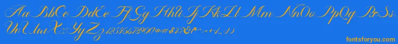 フォントAmbergris Script Free Personal – オレンジ色の文字が青い背景にあります。