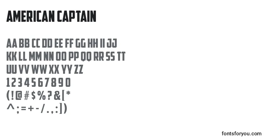 Czcionka American Captain – alfabet, cyfry, specjalne znaki