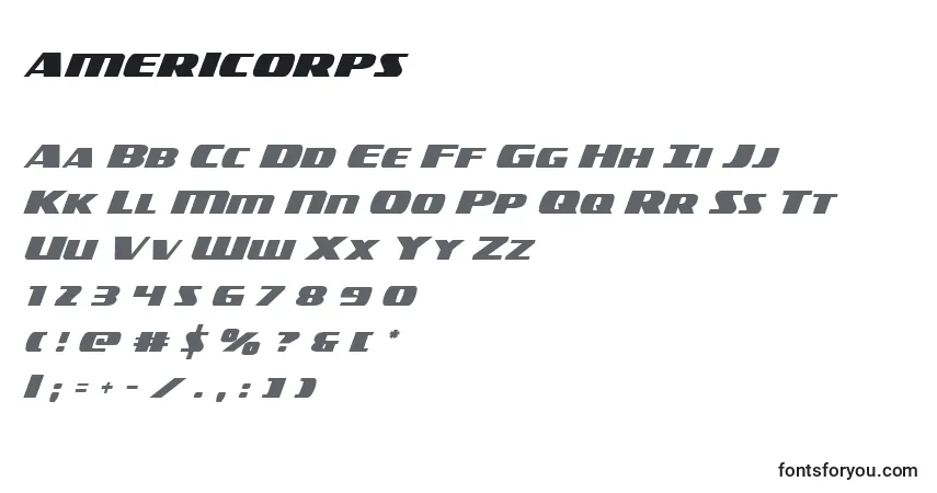 A fonte Americorps (119390) – alfabeto, números, caracteres especiais