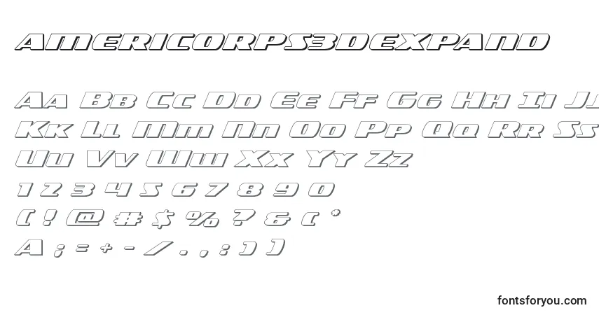 Czcionka Americorps3dexpand – alfabet, cyfry, specjalne znaki