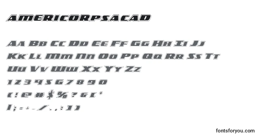 Schriftart Americorpsacad (119395) – Alphabet, Zahlen, spezielle Symbole