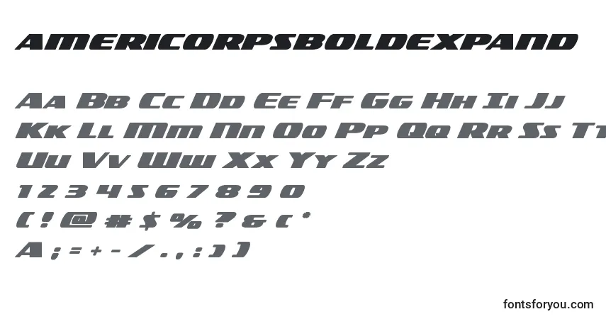 A fonte Americorpsboldexpand – alfabeto, números, caracteres especiais