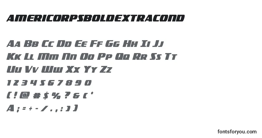 Czcionka Americorpsboldextracond – alfabet, cyfry, specjalne znaki