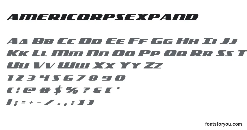 Schriftart Americorpsexpand (119401) – Alphabet, Zahlen, spezielle Symbole