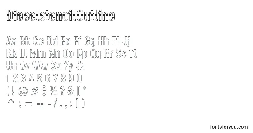 Schriftart DieselstencilOutline – Alphabet, Zahlen, spezielle Symbole