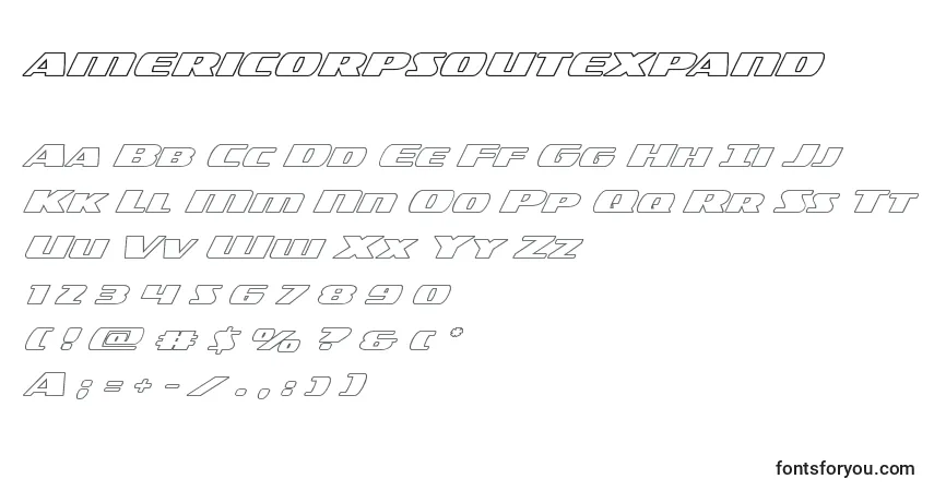 Czcionka Americorpsoutexpand – alfabet, cyfry, specjalne znaki