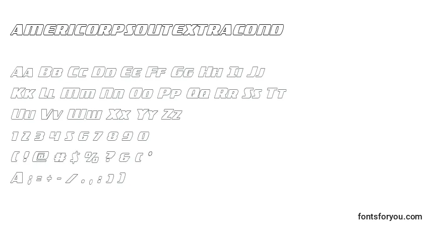 Schriftart Americorpsoutextracond – Alphabet, Zahlen, spezielle Symbole