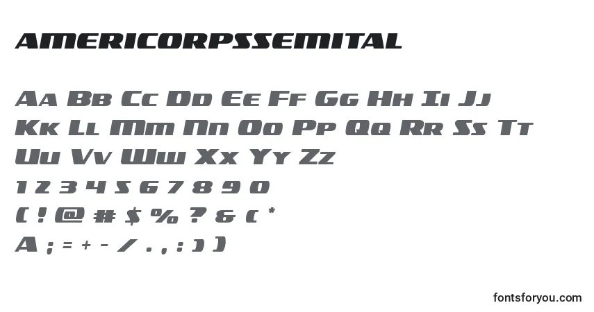 Czcionka Americorpssemital – alfabet, cyfry, specjalne znaki