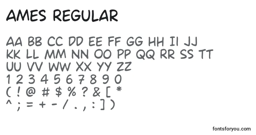 Czcionka Ames Regular – alfabet, cyfry, specjalne znaki