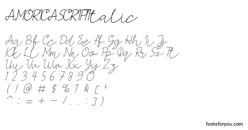 Czcionka AMORICASCRIPTItalic – alfabet, cyfry, specjalne znaki