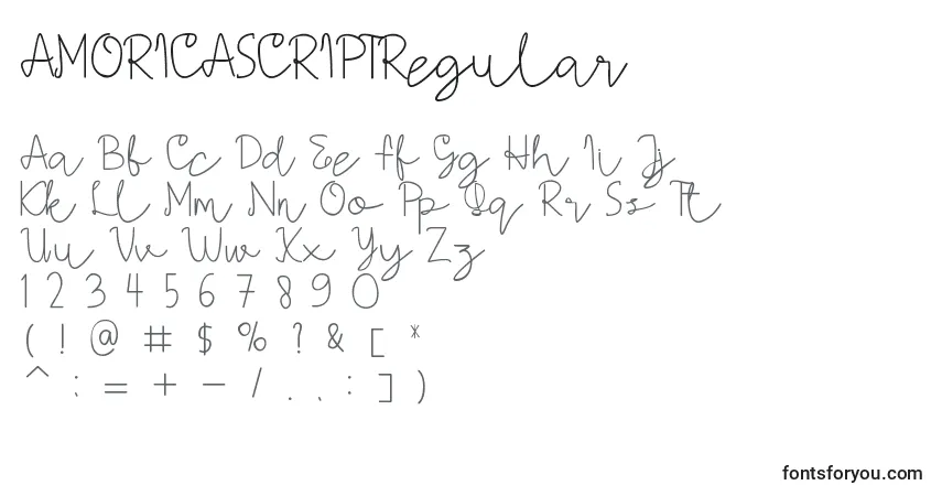 Czcionka AMORICASCRIPTRegular – alfabet, cyfry, specjalne znaki