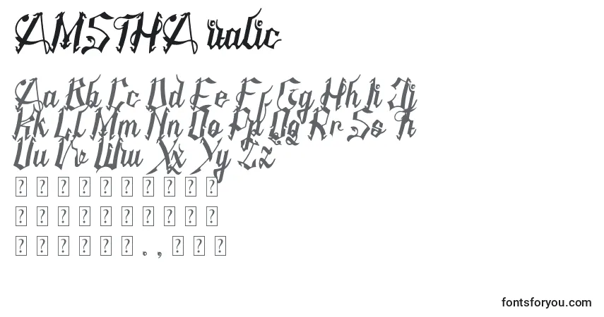 Czcionka AMSTHA italic – alfabet, cyfry, specjalne znaki
