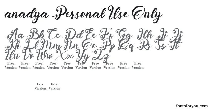 Schriftart Anadya Personal Use Only – Alphabet, Zahlen, spezielle Symbole