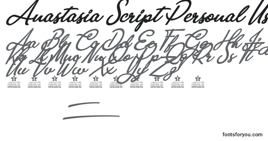 Czcionka Anastasia Script Personal Use – alfabet, cyfry, specjalne znaki