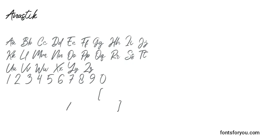 Czcionka Anastik – alfabet, cyfry, specjalne znaki