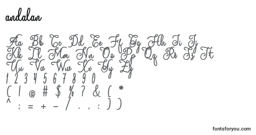 A fonte Andalan (119508) – alfabeto, números, caracteres especiais