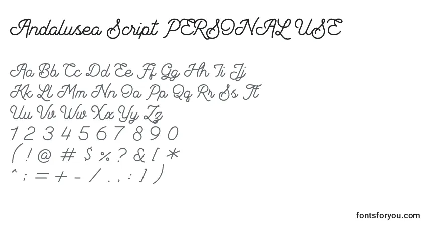 A fonte Andalusea Script PERSONAL USE – alfabeto, números, caracteres especiais