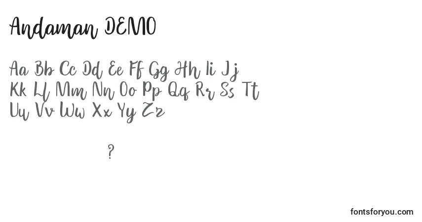Andaman DEMO-fontti – aakkoset, numerot, erikoismerkit