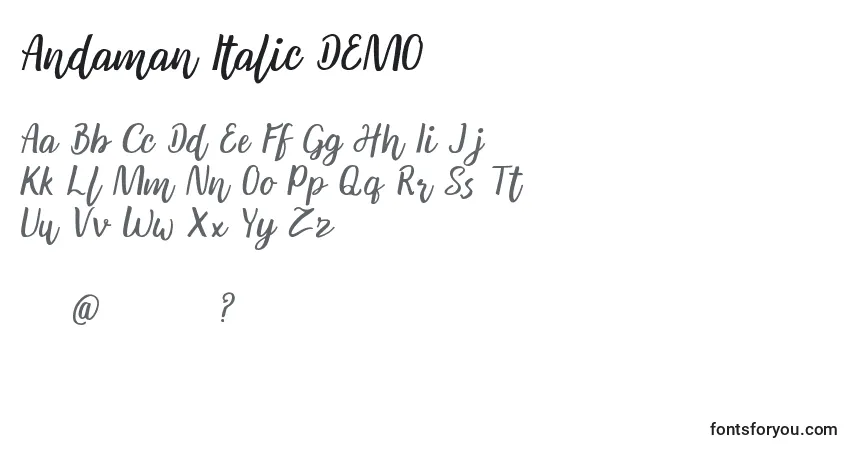 Шрифт Andaman Italic DEMO – алфавит, цифры, специальные символы