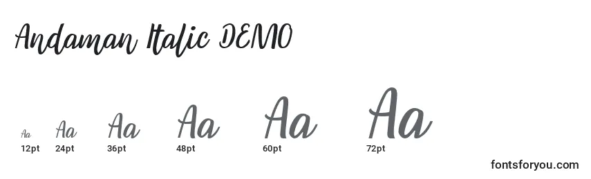 Andaman Italic DEMO-fontin koot