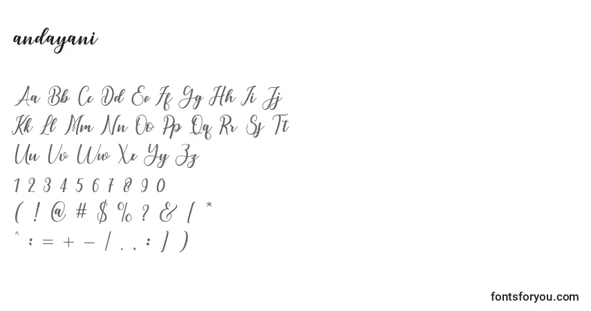 Schriftart Andayani – Alphabet, Zahlen, spezielle Symbole