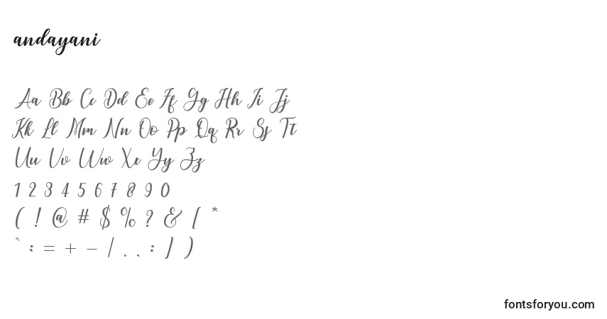 Schriftart Andayani (119524) – Alphabet, Zahlen, spezielle Symbole
