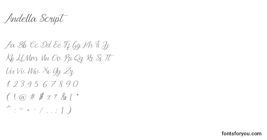 A fonte Andella Script – alfabeto, números, caracteres especiais