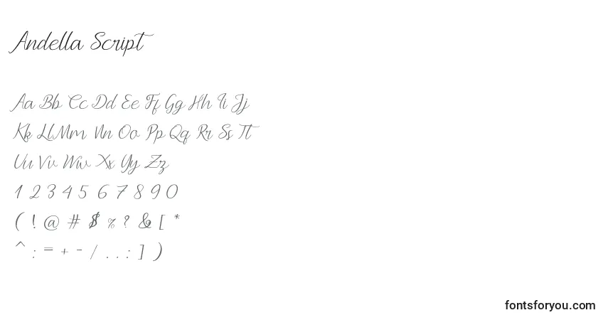 A fonte Andella Script (119531) – alfabeto, números, caracteres especiais