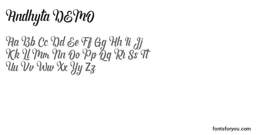 A fonte Andhyta DEMO – alfabeto, números, caracteres especiais