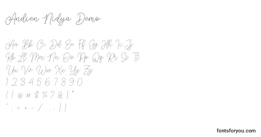 Schriftart Andien Nidya Demo – Alphabet, Zahlen, spezielle Symbole