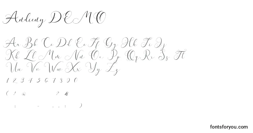 A fonte Andieny DEMO (119546) – alfabeto, números, caracteres especiais