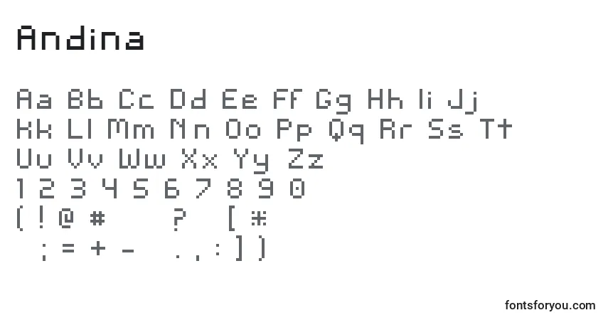 A fonte Andina (119547) – alfabeto, números, caracteres especiais