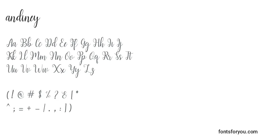 Schriftart Andiney – Alphabet, Zahlen, spezielle Symbole