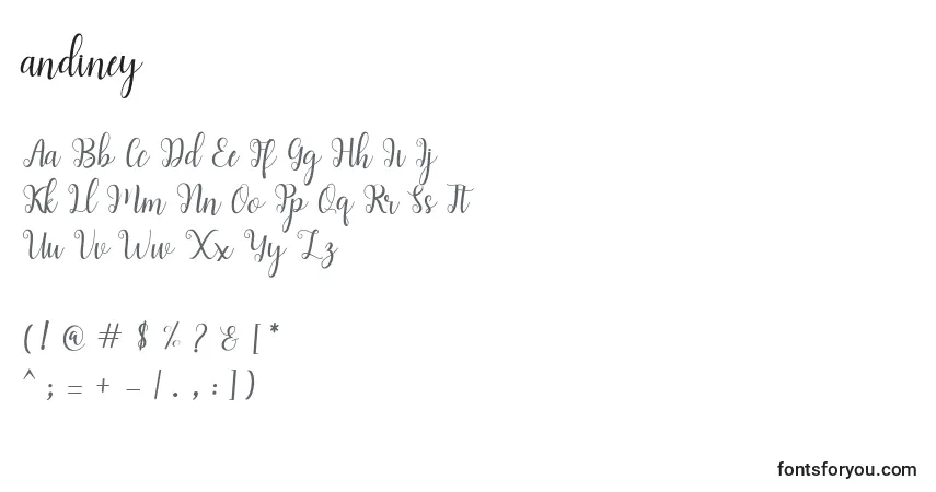 A fonte Andiney (119549) – alfabeto, números, caracteres especiais