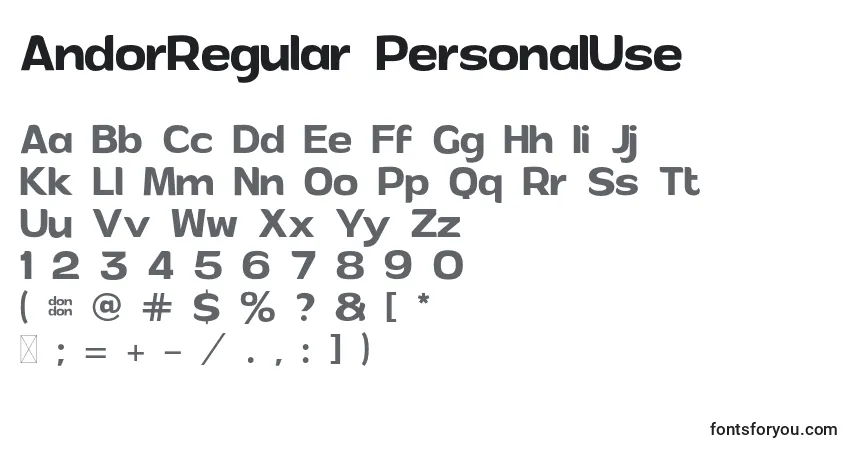 Schriftart AndorRegular PersonalUse – Alphabet, Zahlen, spezielle Symbole