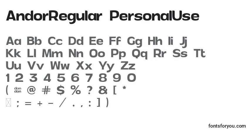 Schriftart AndorRegular PersonalUse (119559) – Alphabet, Zahlen, spezielle Symbole