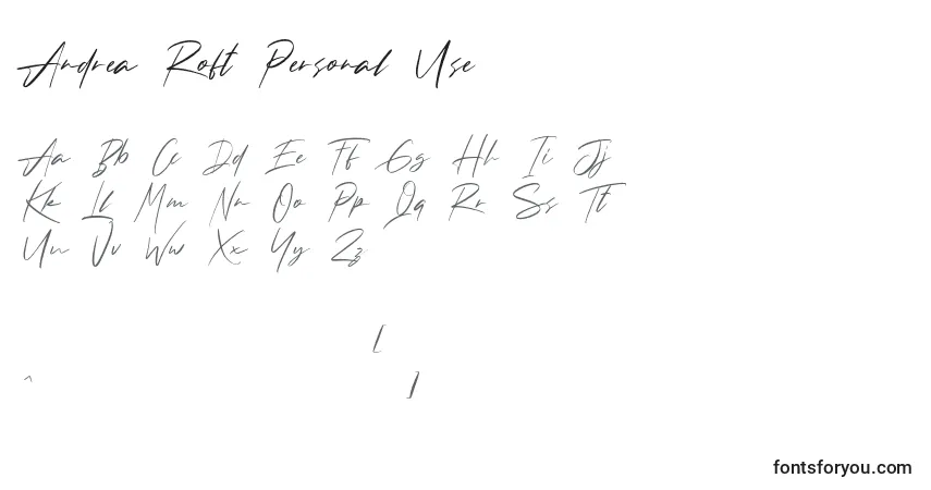 Czcionka Andrea Roft Personal Use – alfabet, cyfry, specjalne znaki