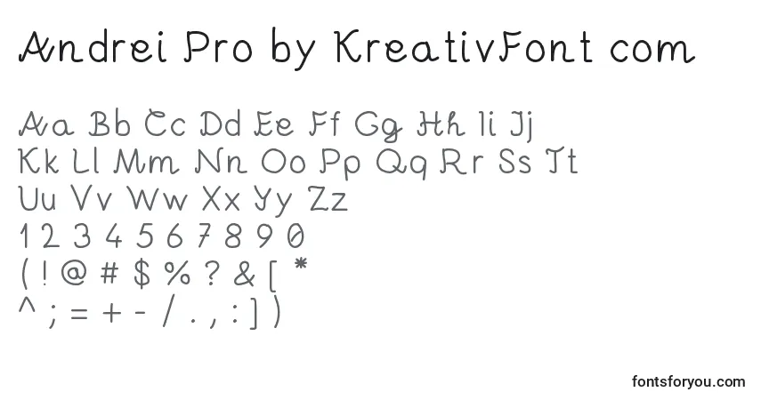 A fonte Andrei Pro by KreativFont com – alfabeto, números, caracteres especiais