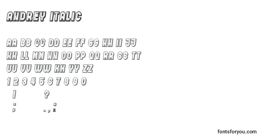 Шрифт Andrey Italic – алфавит, цифры, специальные символы