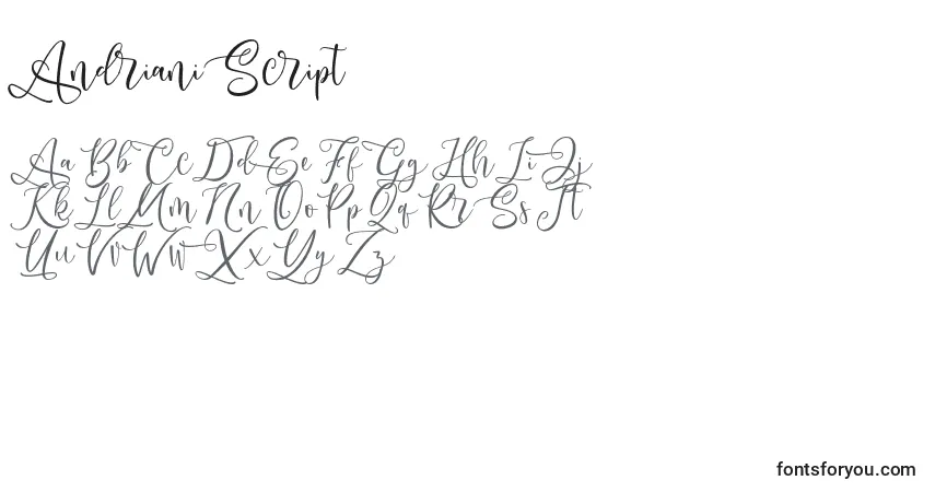 Czcionka Andriani Script – alfabet, cyfry, specjalne znaki