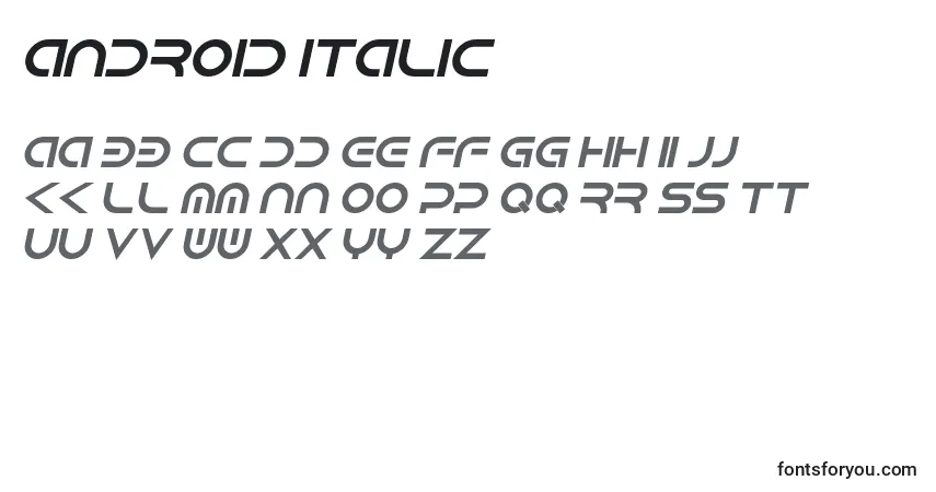 Schriftart Android Italic – Alphabet, Zahlen, spezielle Symbole