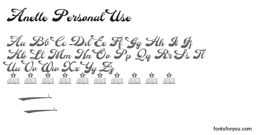 Schriftart Anette Personal Use – Alphabet, Zahlen, spezielle Symbole