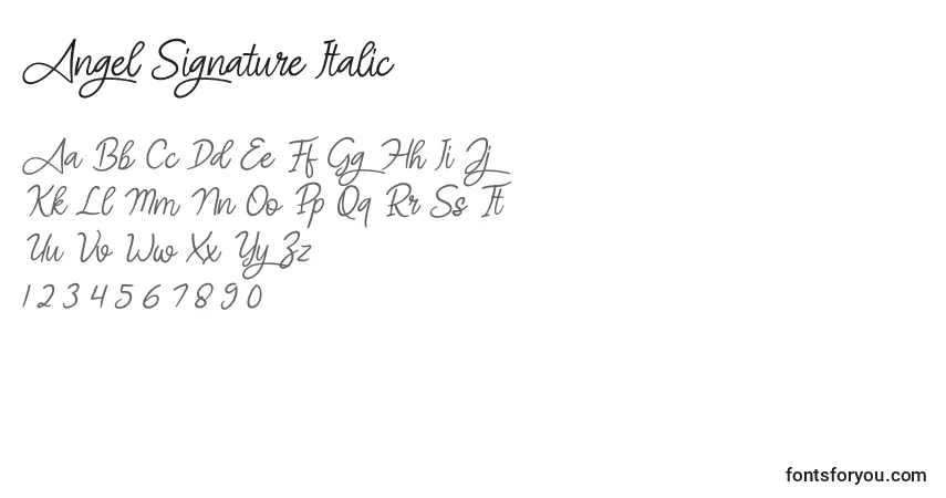 Czcionka Angel Signature Italic – alfabet, cyfry, specjalne znaki