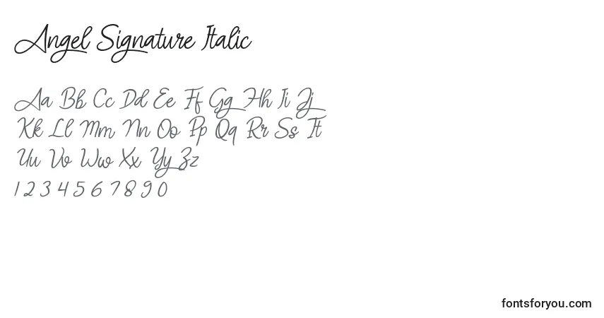 Schriftart Angel Signature Italic (119594) – Alphabet, Zahlen, spezielle Symbole